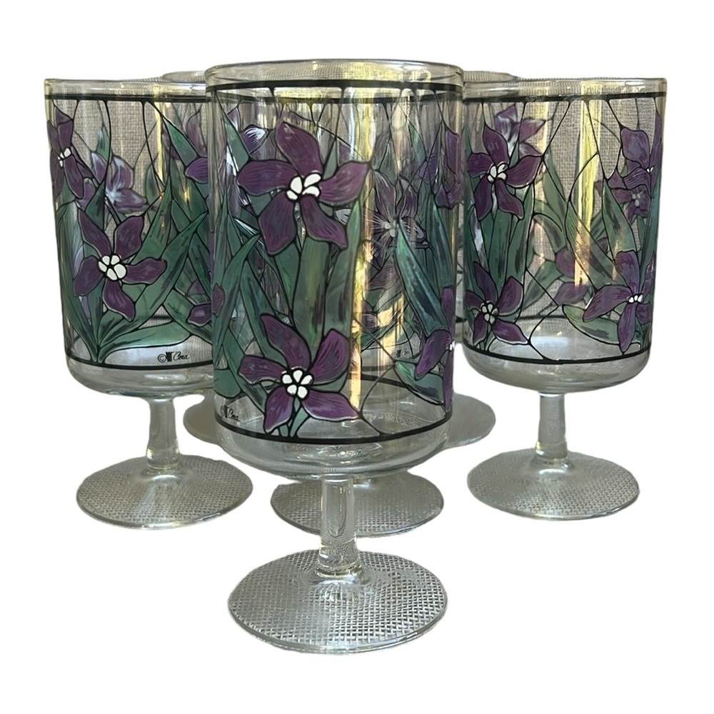 Vintage 60s Cora Footed Floral Drinking Glasses Set of 6